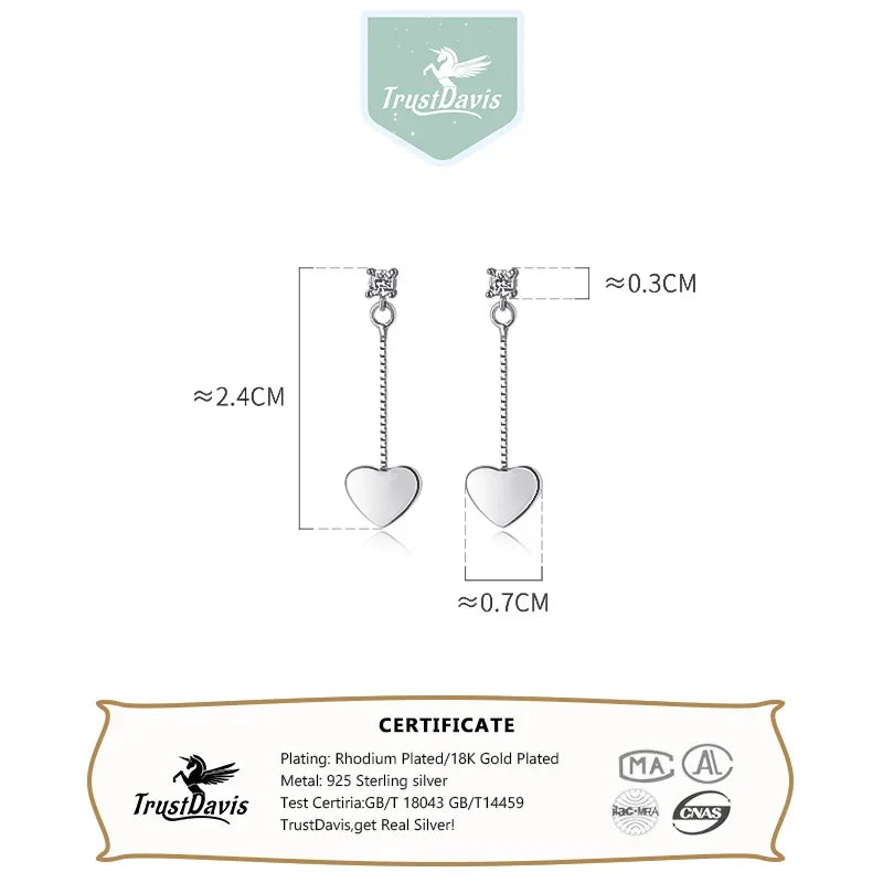 TrustDavis Real 925 Sterling Silver Earring Fashion Tassel Heart White CZ Stud Earrings For Women Mother's Day Jewelry DS1315