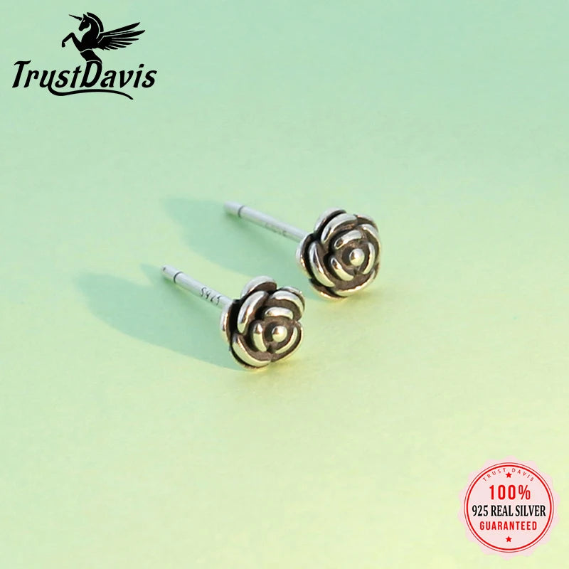 TrustDavis Real 925 Sterling Silver Charm Vintage Mini Flower Stud Earrings For Fashion Women Wedding Party Fine Jewelry DA1613