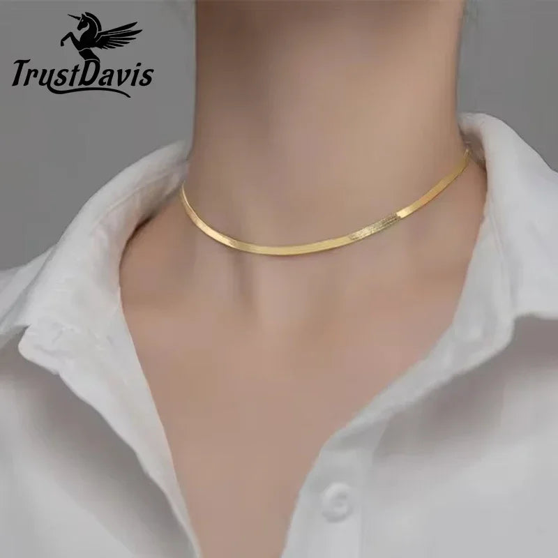 TrustDavis 925 Sterling Silver Simple Snake Chain Clavicle Charming Necklace for Women Fashion Korean Necklace Jewelry DA3222