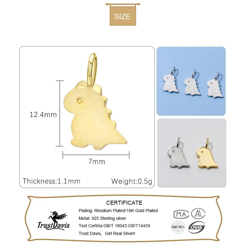 TrustDavis Real 925 Sterling Silver Personality Fashion Sweet Dinosaur Charm Pendant Handmade DIY Accessories Wholesale DZ47