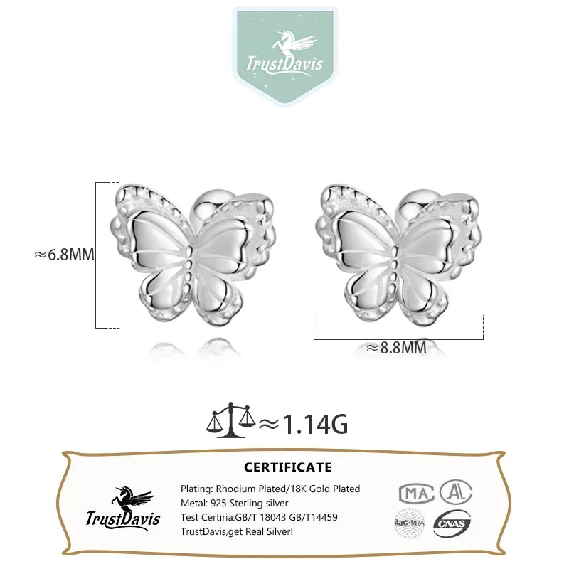 TrustDavis Girls Real 925 Sterling Silver Cute Butterfly Stud Earrings Girls Daughter Birthday Party Gift Jewelry  DS4298