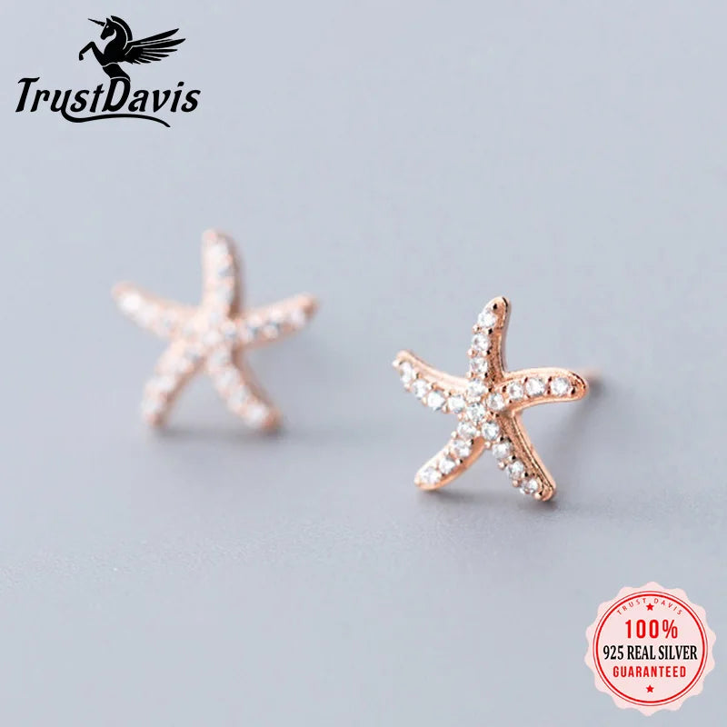 TrustDavis Original 925 Sterling Silver Star Starfish Stud Earrings For Women Birthday Wedding Party Fine Zircon Jewelry DA2776