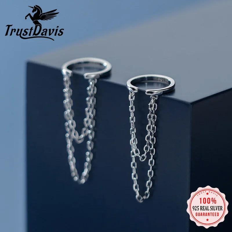 Trustdavis Real 925 Sterling Silver Double Chain Clip On Earrings Ear Cuff  For Women Without Piercing Earring Jewelry DA1700