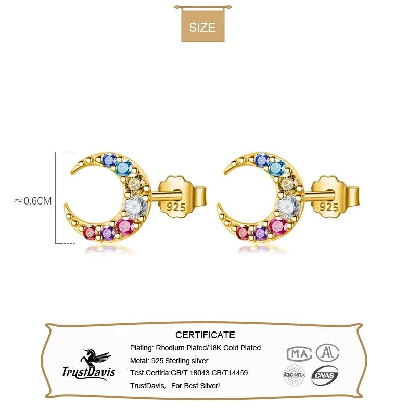 TrustDavis Authentic 925 Sterling Silver Sweet Color Zircon Tiny Moon Stud Earrings for Women Sterling Silver Jewelry Gift DA741