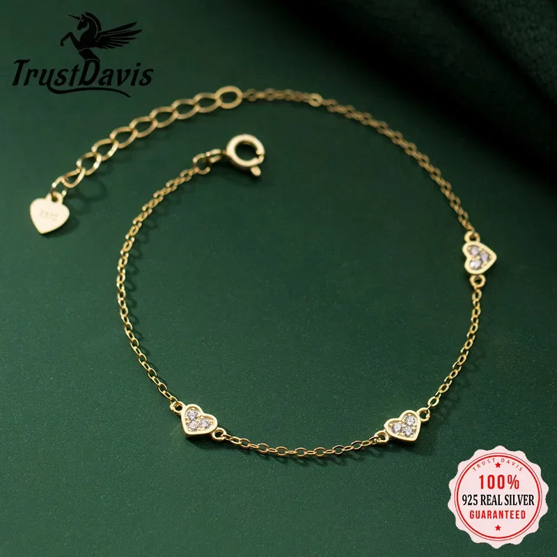 TrustDavis 925 Sterling Silver Sweet Heart Cross Thin Chain Bracelet for Women Wedding Birthday Fine S925 Jewelry DS3977