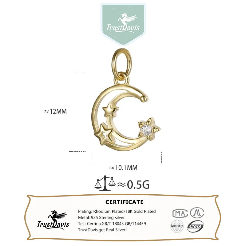 TrustDavis Real 925 Sterling Silver Fashion Hollow Moon CZ Charm Pendant Handmade DIY Accessories Fine Jewelry Wholesale HY221