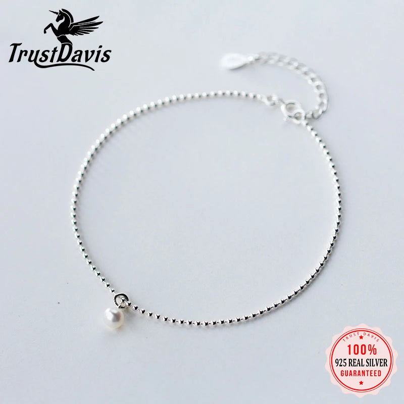 TrustDavis Minimalist 925 Sterling Silver Fashion Synthesis Pearl Beads Chain Anklets For Women Wedding Fine S925 Jewelry DA1825