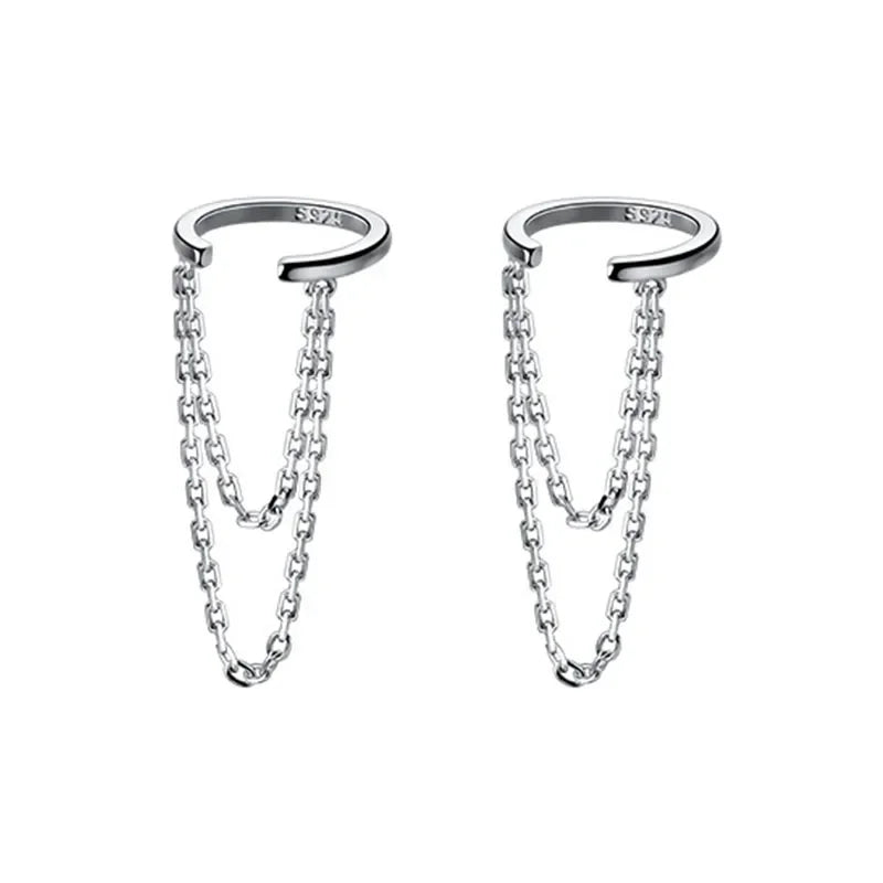 Trustdavis Real 925 Sterling Silver Double Chain Clip On Earrings Ear Cuff  For Women Without Piercing Earring Jewelry DA1700