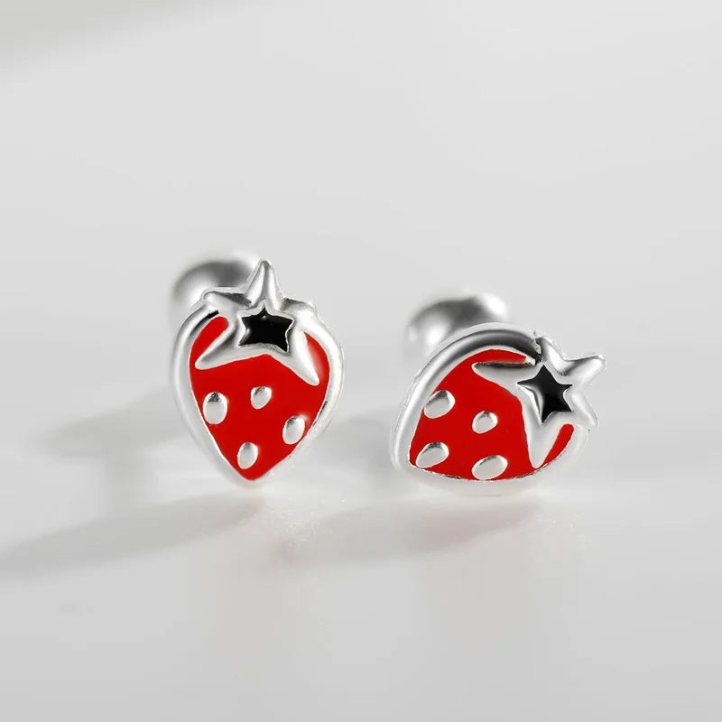 TrustDavis Girls 925 Sterling Silver Fruit Strawberry Lemon Bead Screw Stud Earrings for Women Girls Birthday Jewelry DS4149