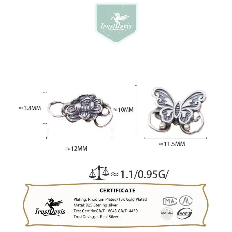 TrustDavis  Real 925 Sterling Silver Fashion Sweet Butterfly Charm Pendant Handmade DIY Accessories Jewelry Wholesale DZ1637