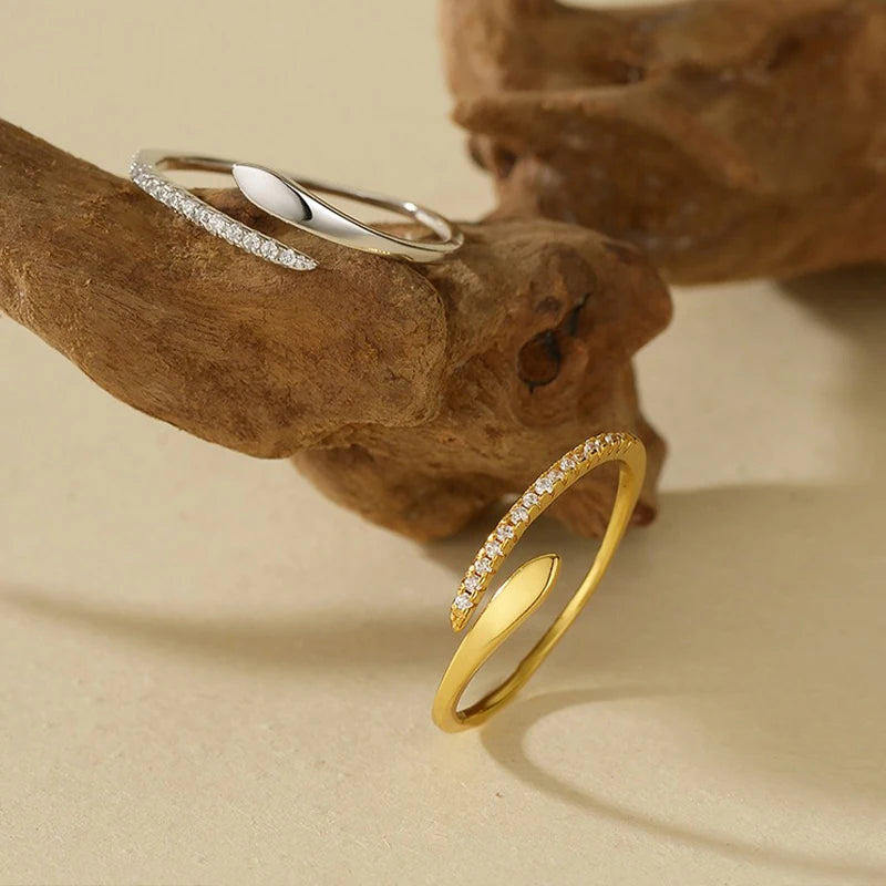 TrustDavis Real 925 Sterling Silver Ring Fashion Simple Snake-shaped Zircon Adjustable Ring for Women Girl Jewelry Gift DS4656