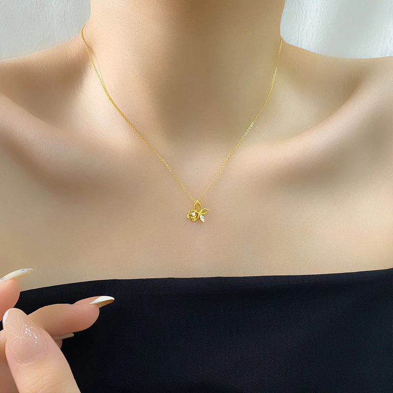 TrustDavis 925 Sterling Silver Women's Fashion Zircon Simple Rose Butterfly Zircon Necklace for Women Girls Jewelry Gift DS4435