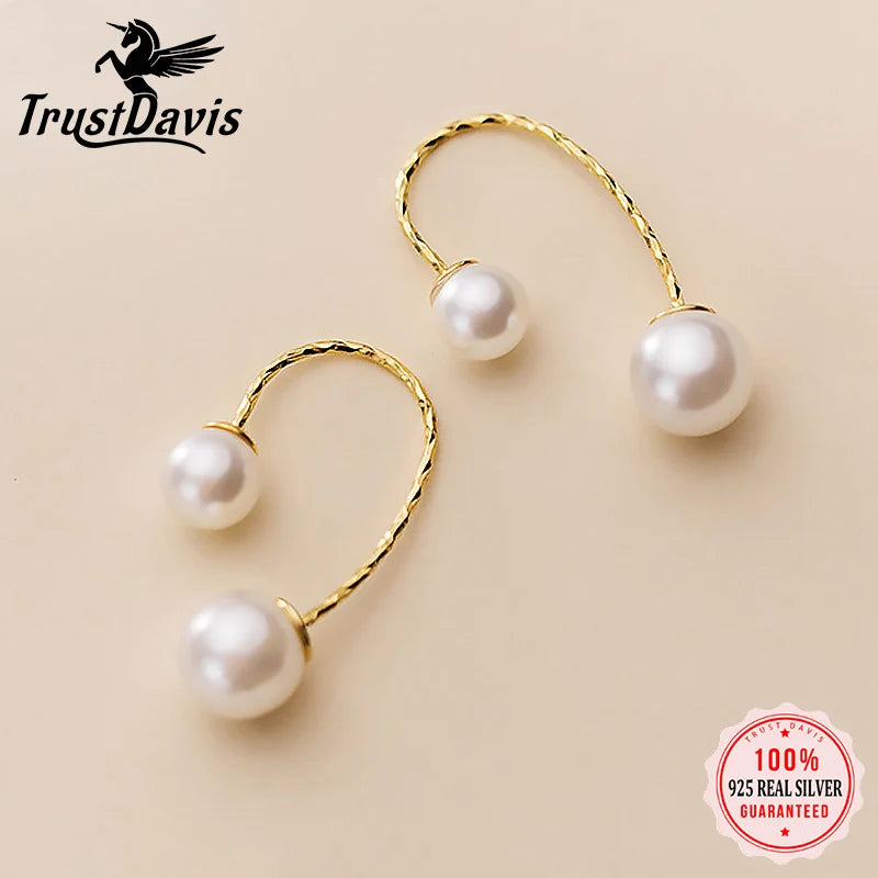 Trustdavis Real 925 Sterling Silver Fashion Pearl Hook Charm Stud Earrings For Elegant Women Lady Wedding Fine Jewelry DA1559