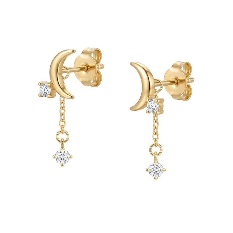 Moon and Star Tassel Zircon Stud Earrings for Women DS4979