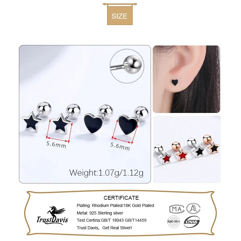 TrustDavis Real 925 Sterling Silver Heart Star Bead Screw Stud Earrings For Women Valentine's Day Fine S925 Jewelry Gift DA2871