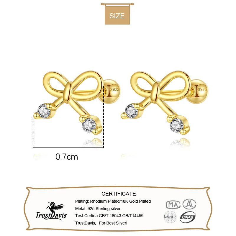 TrustDavis Real 925 Sterling Silver Bowknot Screw Stud Earrings For Women Wedding Valentine's Day Fine Fashion Jewelry DA2765