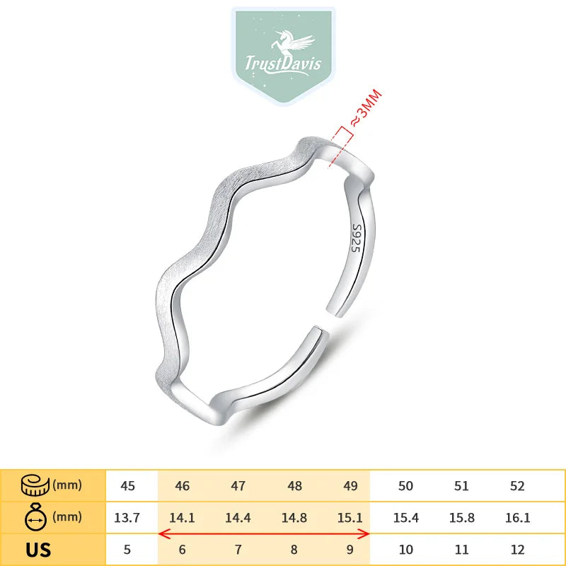 TrustDavis 100% 925 Solid Real Sterling Silver 925 Waves Cocktail Ring Opening Sizable 5 6 7 Womens Girls Kids Xmas Gift AZ03