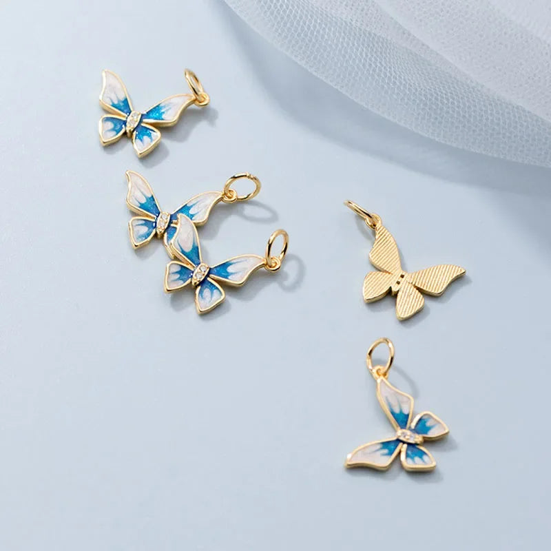 TrustDavis  New Real 925 Sterling Silver Fashion Glaze Insect Butterfly CZ Charm Pendant Handmade DIY Accessories Jewelry DZ74