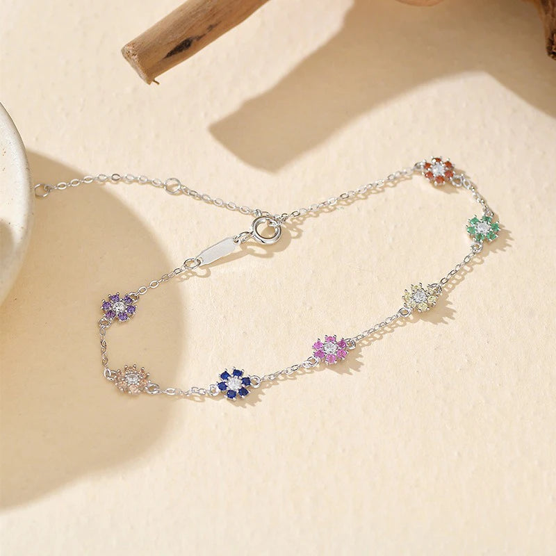 TrustDavis 925 Sterling Silver Women's Fashion Simple Colorful Flower Zircon Bracelet for Women Girls Jewelry Gift DS4451