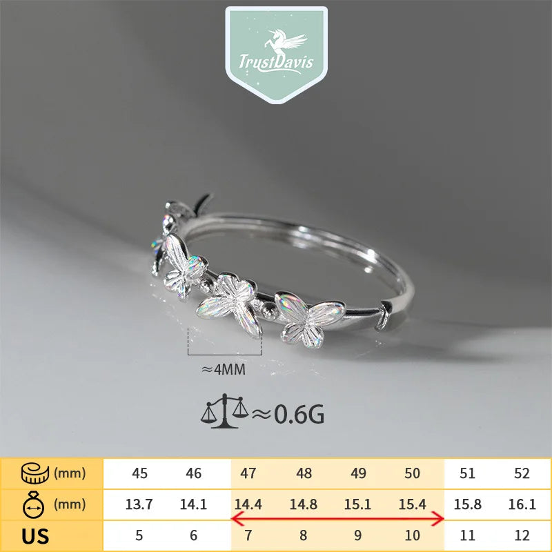 TrustDavis 925 Sterling Silver Women's Rings Fashion Simple Striped Five Butterfly Ring for Women Girls Jewelry Gift DS4354
