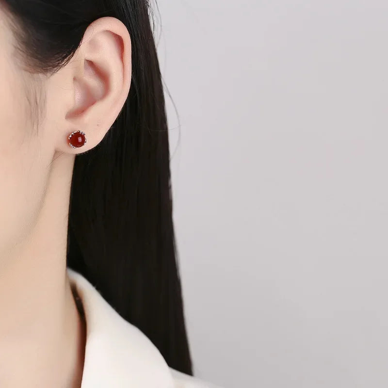 TrustDavis Real 925 Sterling Silver Agate Round Bead Screw Stud Earrings for Women Girls Minimalist Fine Jewelry DS4103