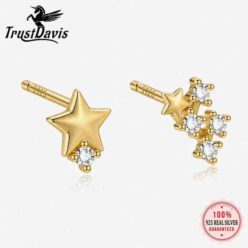 Real 925 Sterling Silver Asymmetrical Star Stud Earrings DS4957