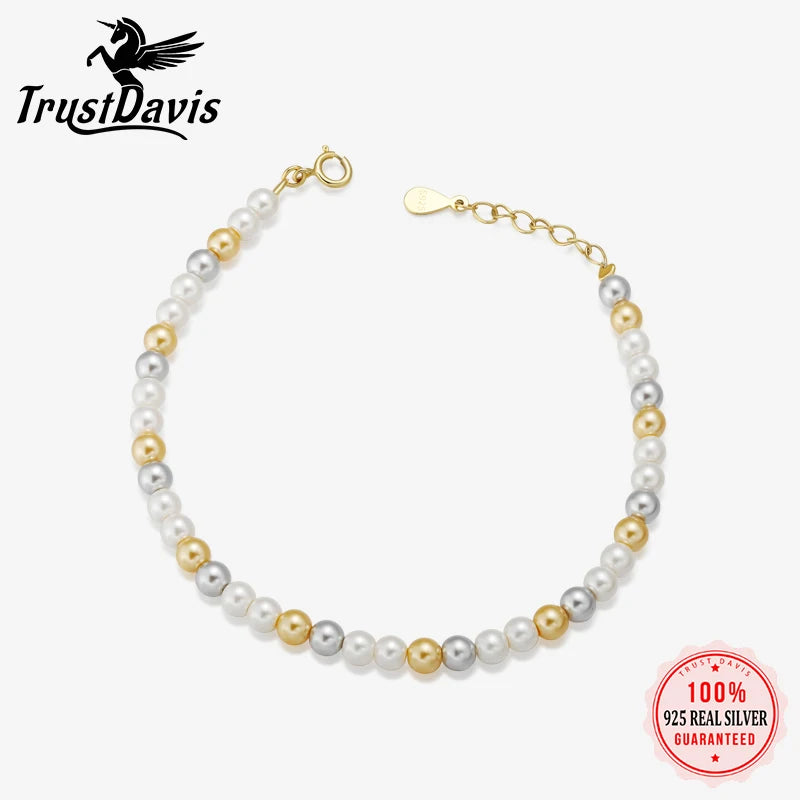 Trustdavis Genuine 925 Sterling Silver Minimalist Charm Mixed Color Round Bead Necklace Wedding Party Jewelry Gift DS4097