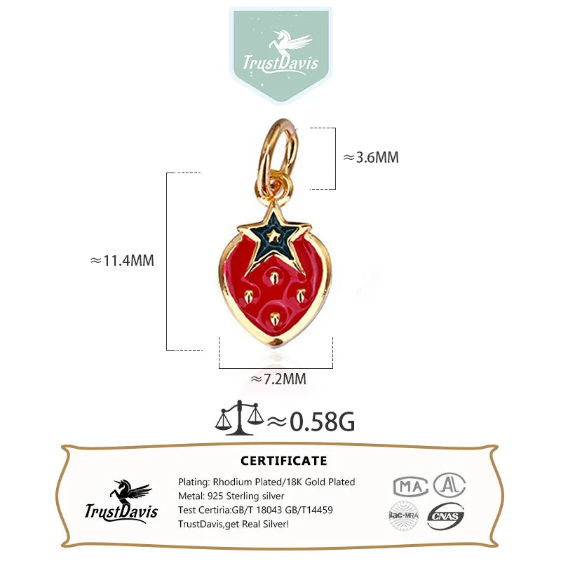 TrustDavis Real 925 Sterling Silver Cute Strawberry Charm Pendant Handmade DIY Accessories Fine Jewelry Wholesale DZ1711