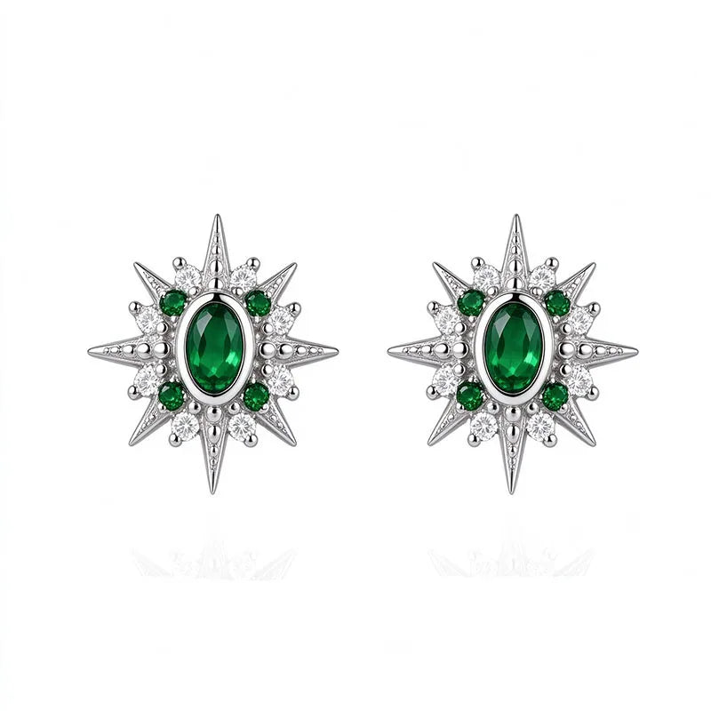 Silver Stars Moon Emerald Zircon Stud Earrings  DS5018