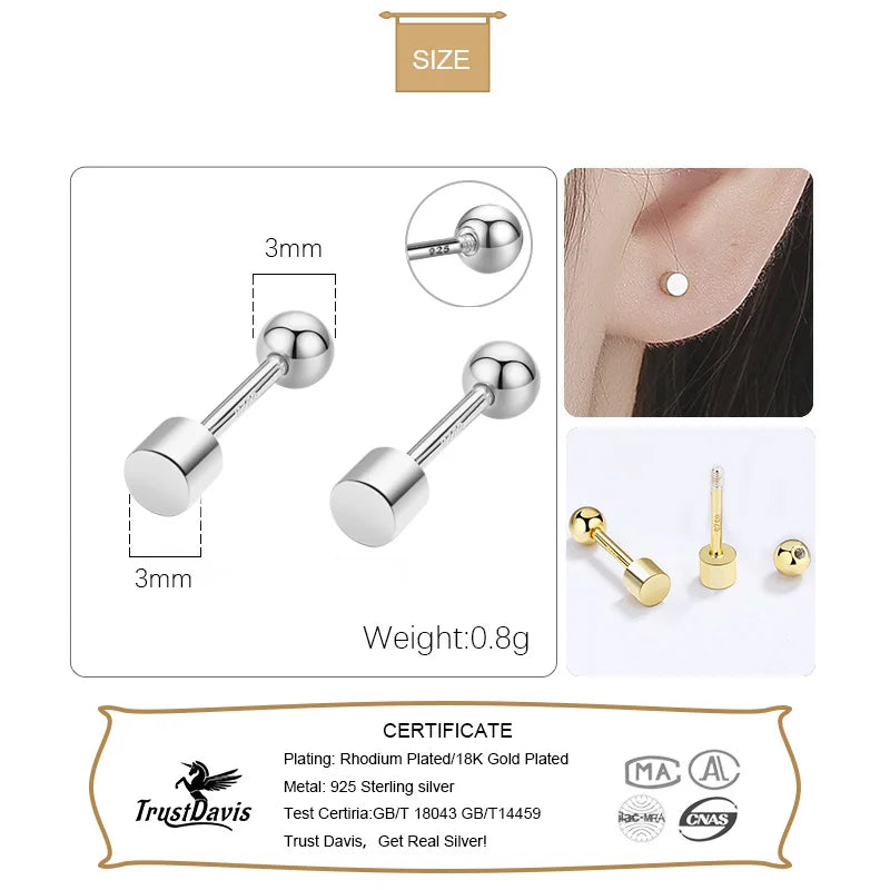 TrustDavis Real 925 Sterling Silver Cylindrical Bead Screw Stud Earrings For Women Valentine's Day Fine S925 Jewelry Gift DA2868
