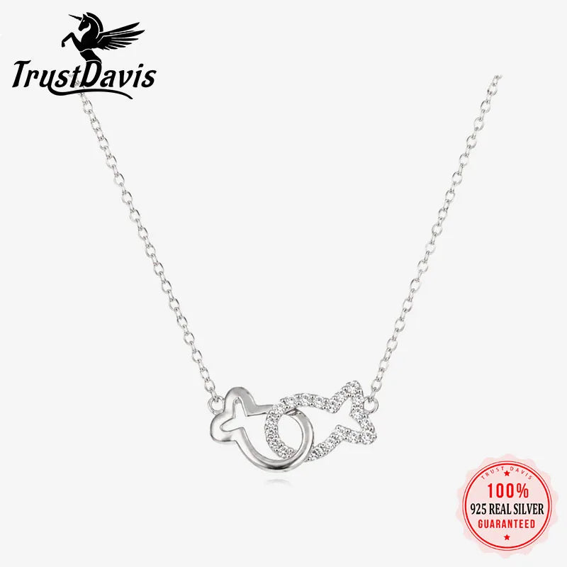 Real 925 Sterling Silver Hollow Double Fish Zircon Necklace DS4959