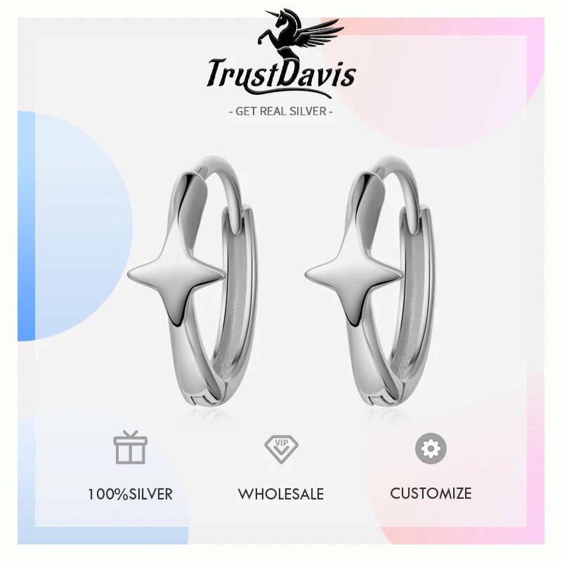 TrustDavis Real 925 Sterling Silver Fashion Simplicity Four Star Hoop Earring for Women Wedding Birthday Fine Jewelry DS4112