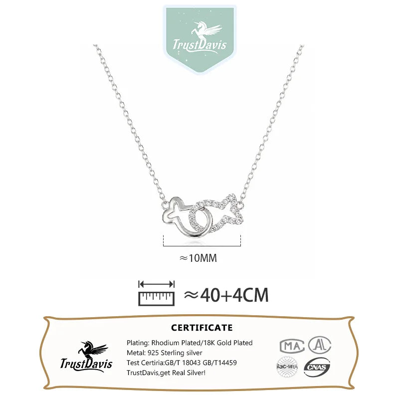 Real 925 Sterling Silver Hollow Double Fish Zircon Necklace DS4959