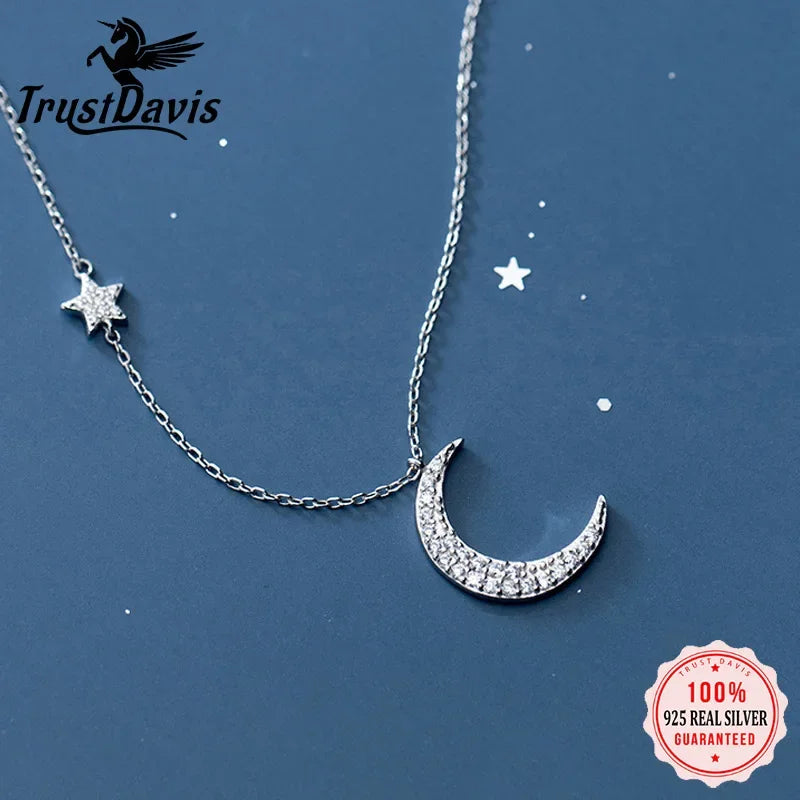 TrustDavis Real 925 Sterling Silver Fashion Sweet Moon Star CZ Choker Necklace For Women Wedding Valentine's Day Jewelry DB469