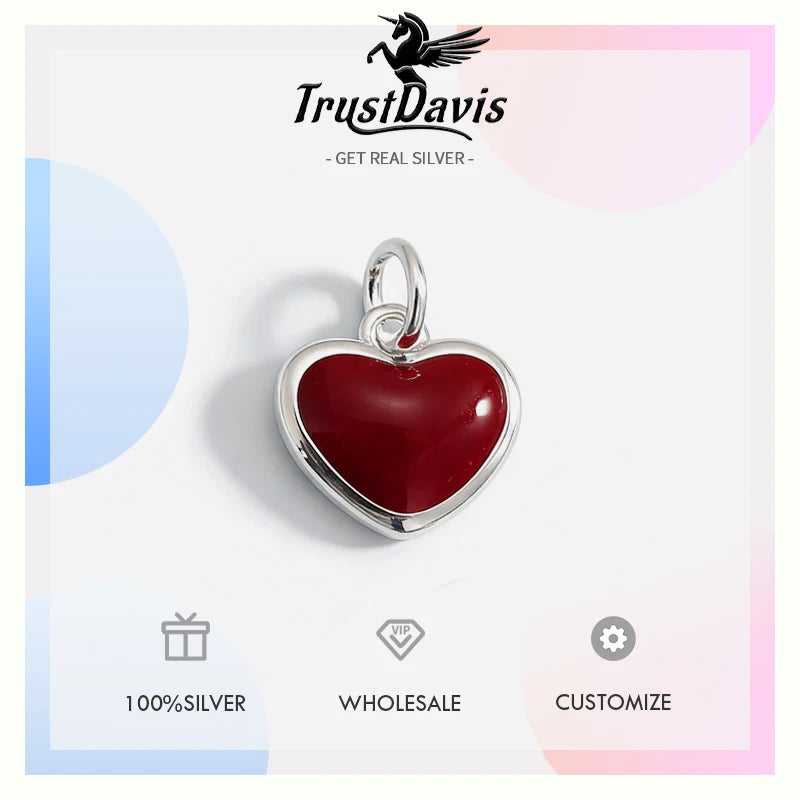 TrustDavis 925 Sterling Silver Fashion Classic Red Enamel Heart Pendant DIY Necklace Bracelet Accessories Fine Jewelry DZ1850