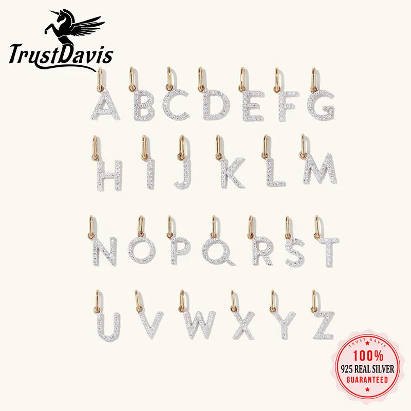 Trustdavis Real 925 Sterling Silver Feshion Simple 26 Letter Zircon Pendant DIY Accessories for Women Girls Fine Jewelry DS4738