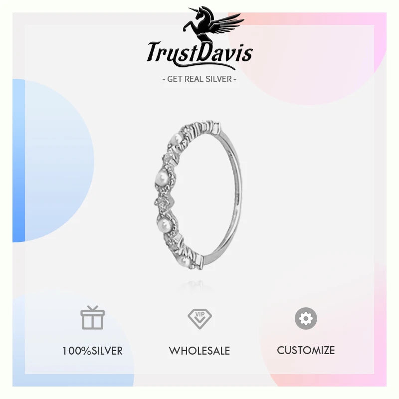 TrustDavis Real 925 Sterling Silver Women's Fashion Pearl Stacked Band Zircon Ring for Women Girls Fine Jewelry Gift DS4753