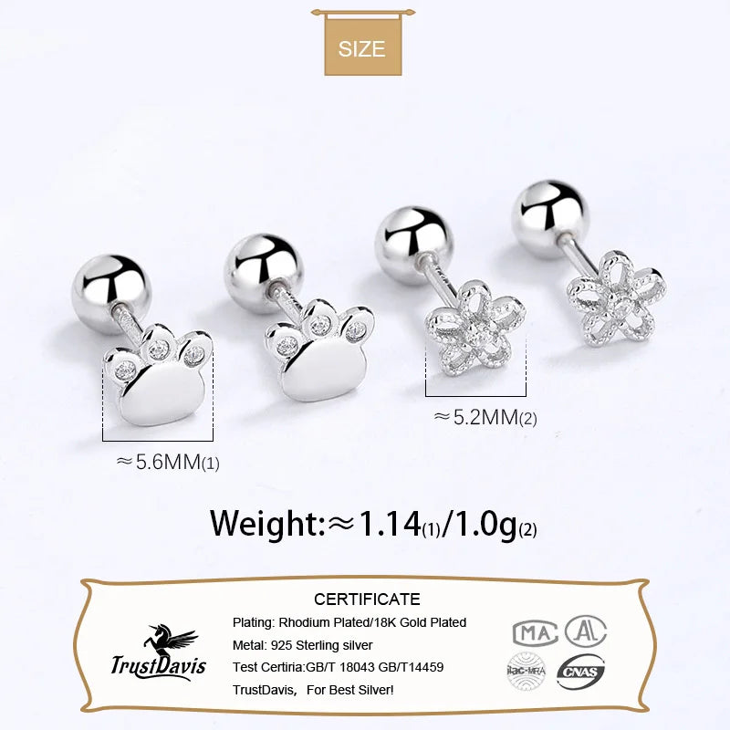 TrustDavis Real 925 Sterling Silver Fashion Flower Claws Screw Earring For Women Wedding Party Fine Minimalist Jewelry DA2194