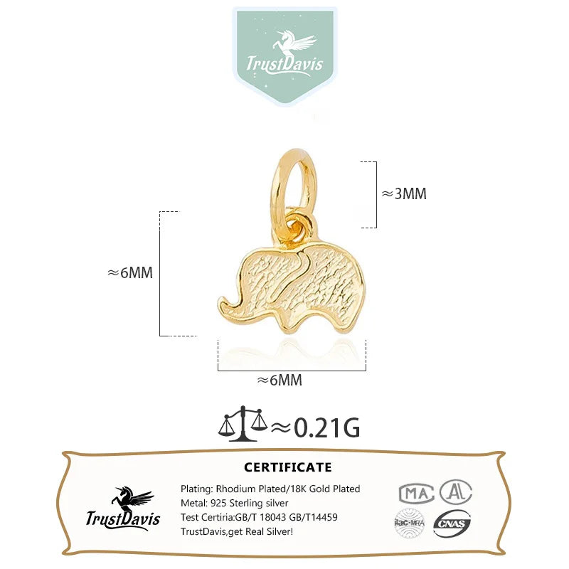 TrustDavis Real 925 Sterling Silver fashion Cute animal Small Elephant Charm Pendant Handmade DIY Accessories Wholesale DZ1682