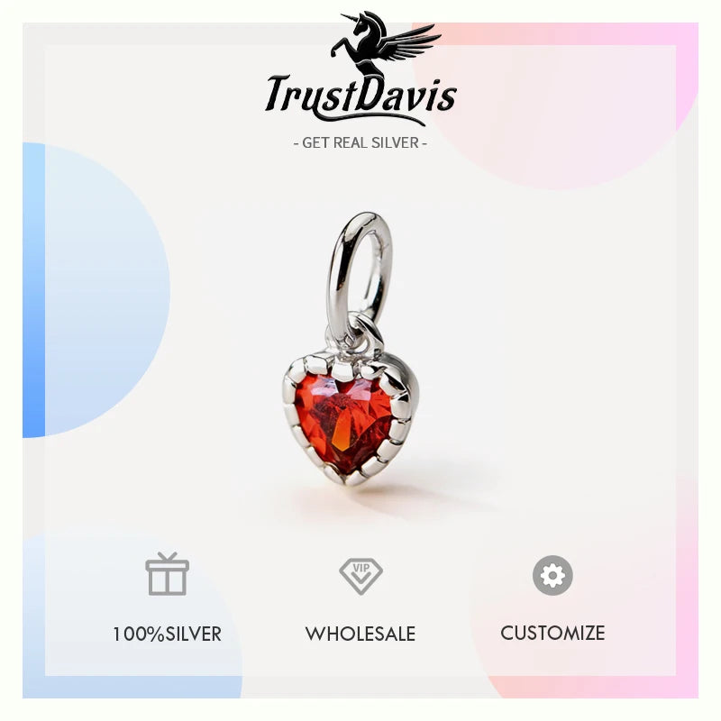 TrustDavis 925 Sterling Silver Fashion Cute Colorful Zircon Heart Pendant DIY Necklace Bracelet Accessories Fine Jewelry DZ1844