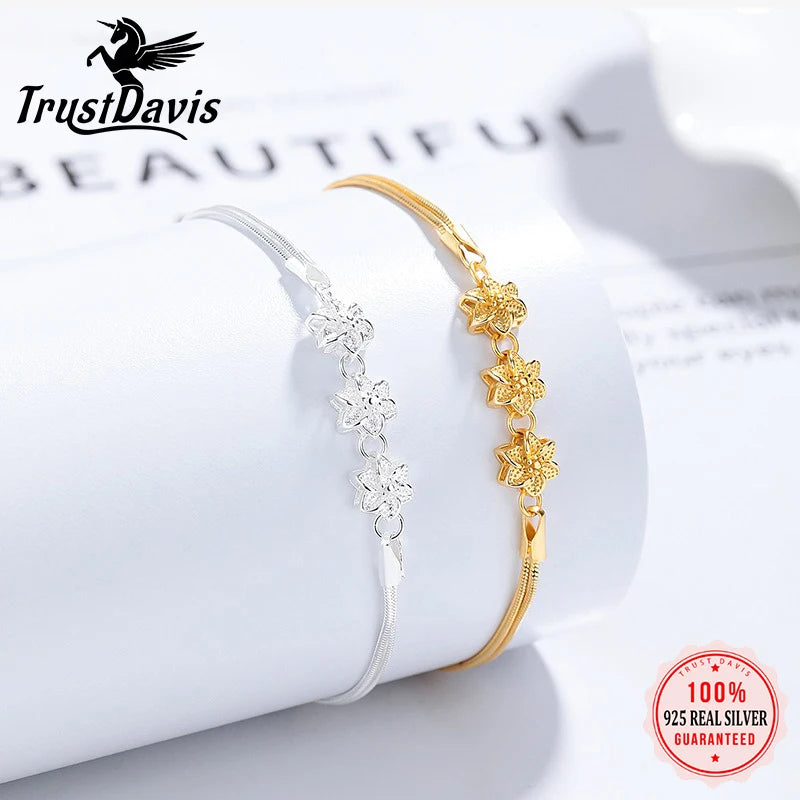 TrustDavis 925 Sterling Silver Women's Fashion Simple Camellia Snake Bone Bracelet for Women Girls Jewelry Gift DS4425