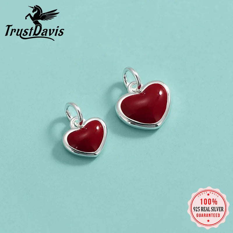 TrustDavis 925 Sterling Silver Fashion Classic Red Enamel Heart Pendant DIY Necklace Bracelet Accessories Fine Jewelry DZ1850