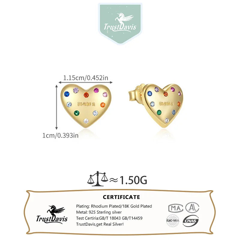 TrustDavis 925 Sterling Silver Women's Fashion Simple Heart-shaped Colored Zircon Earrings for Women Girls Jewelry Gift  DS4693