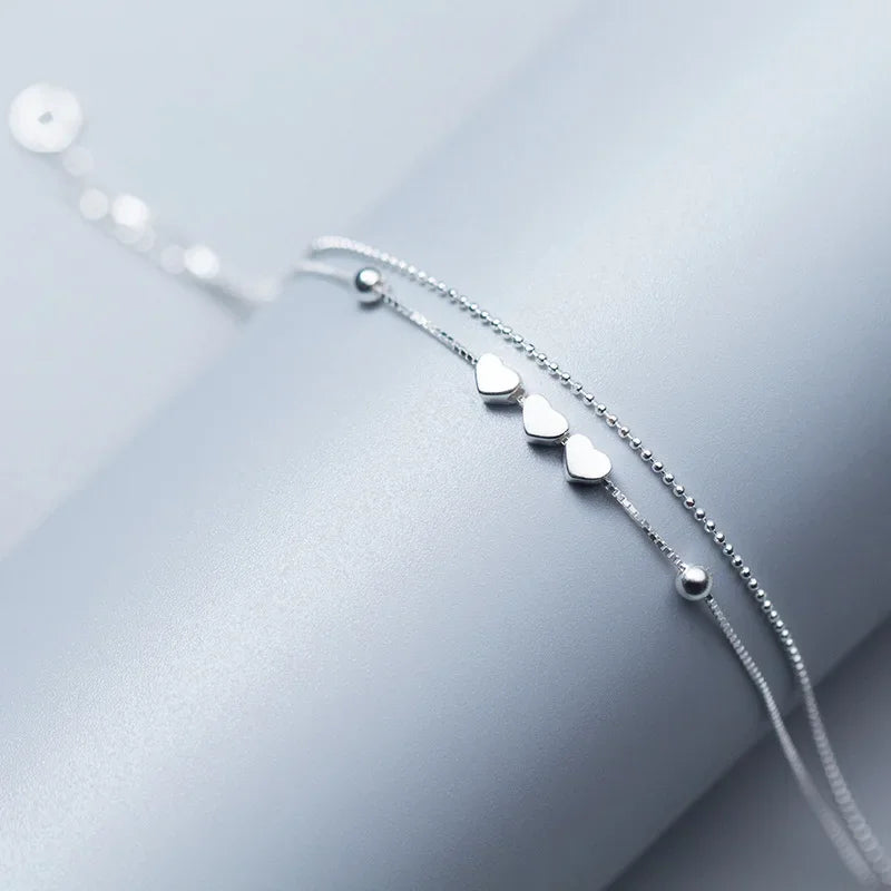 TrustDavis 100% 925 Sterling Silver Fashion Women's Jewelry Double Layer Heart Beads Bracelet For Wife Best Firend Gift DS741