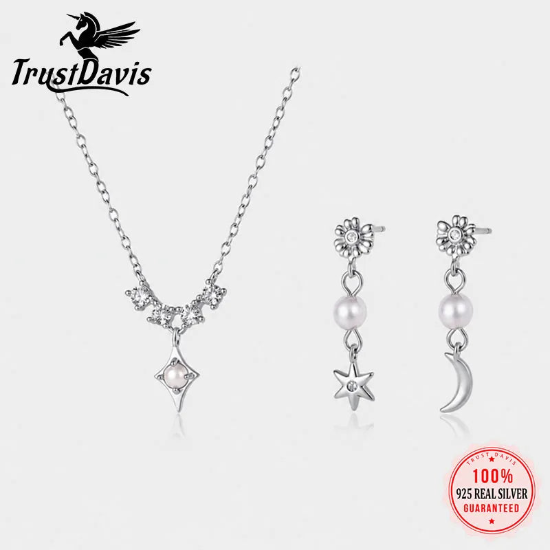 Star Moon Pearl Stud Earring Necklace Set DS4918