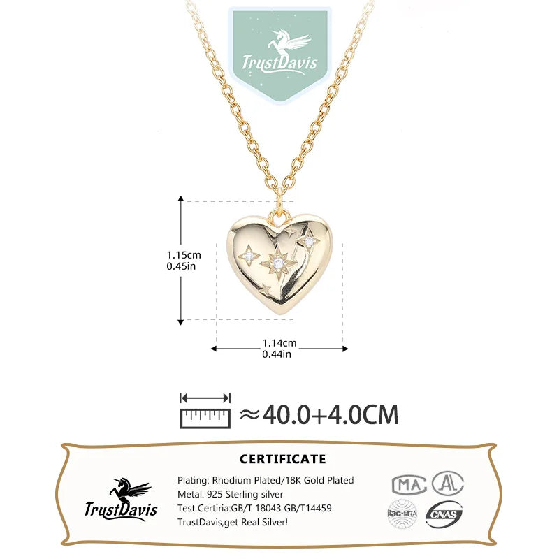 TrustDavis Real 925 Sterling Silver Fashion Simple Heart-shaped pendant necklace for Women Girls Gift Fine Jewelry DS4683