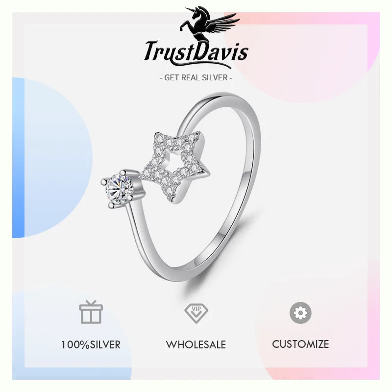 TrustDavis New 925 Sterling Silver Fashionable Star Adjustable Zircon Ring for Women Silver 925 Ring Jewelry DS4763