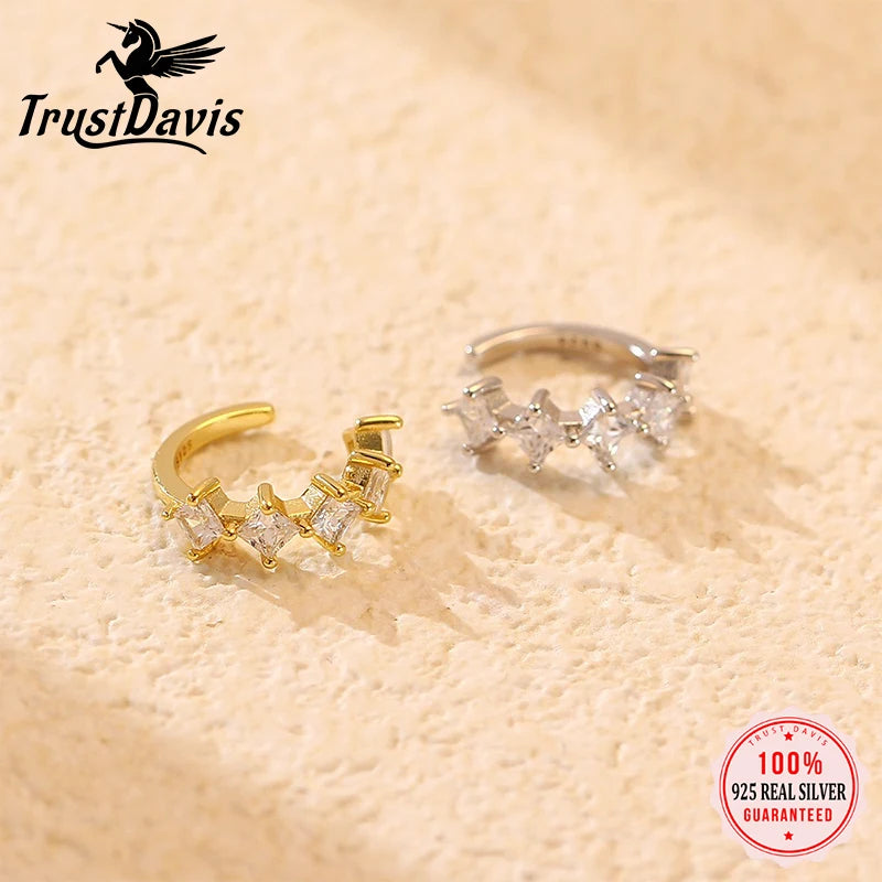 TrustDavis 925 Sterling Silver Women's Fashion Simple Zircon Clip Earrings for Women Girls Birthday Jewelry Gift DS4707