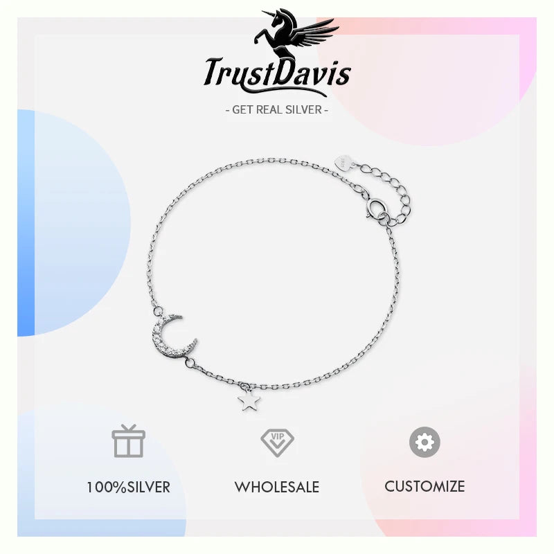 Trustdavis Genuine 925 Sterling Silver Fashion Sweet Moon CZ Star Bracelet For Women Wedding Valentine's Day Jewelry Gift DB1166