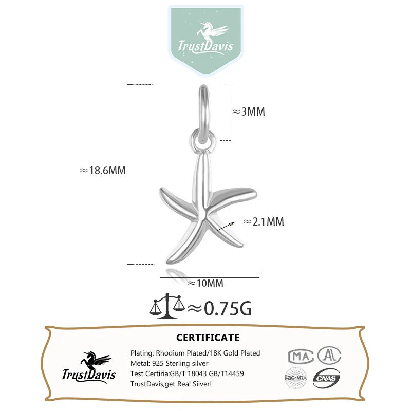 TrustDavis Real 925 Sterling Silver Fashion Sweet Starfish Charm Pendant Handmade DIY Accessories Fine Jewelry Wholesale HY127